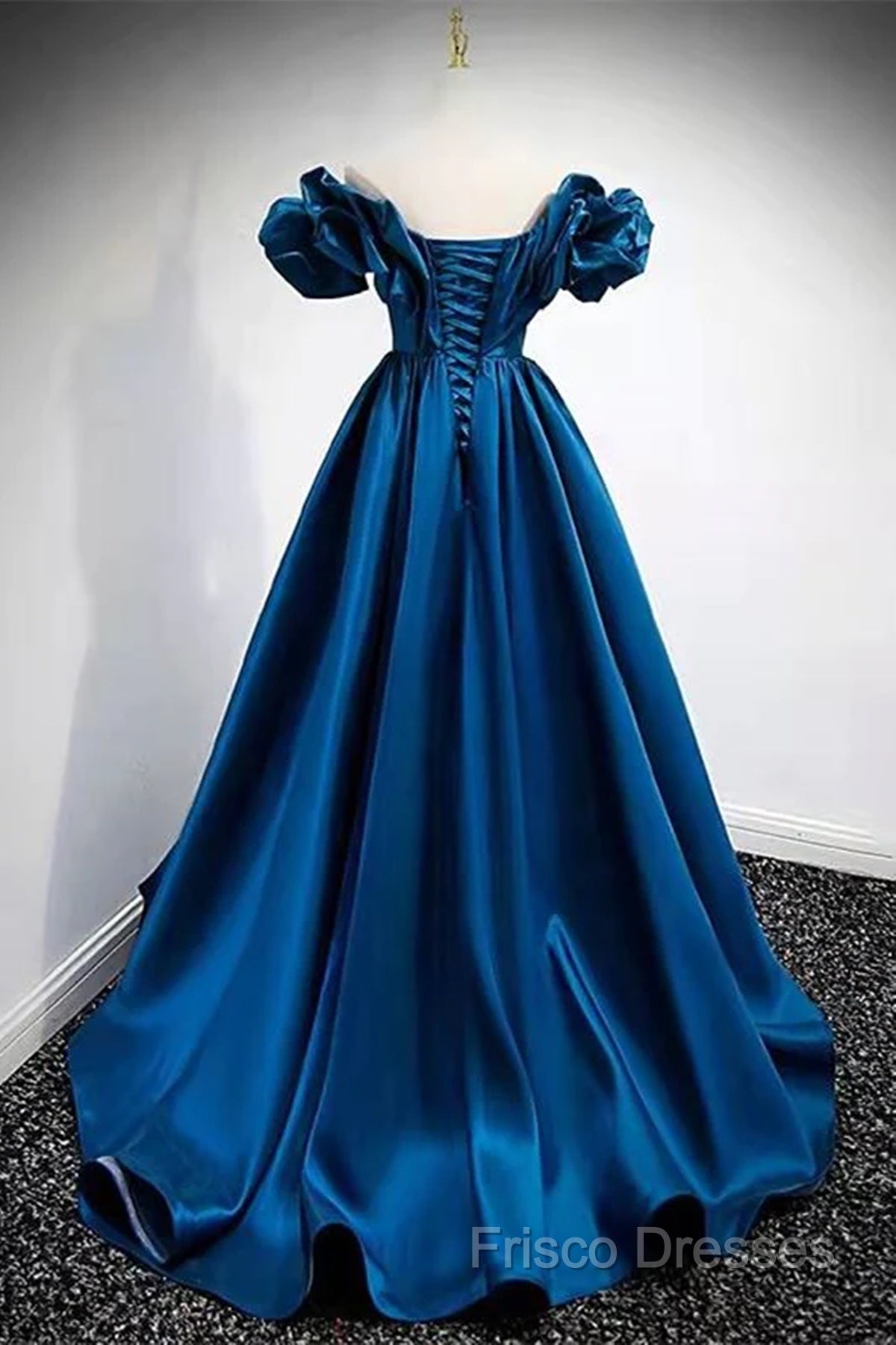 Blue Satin Long Off Shoulder A-Line Formal Prom Dress, Blue Sweetheart Formal Dress