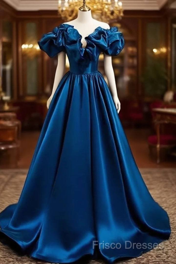 Blue Satin Long Off Shoulder A-Line Formal Prom Dress, Blue Sweetheart Formal Dress