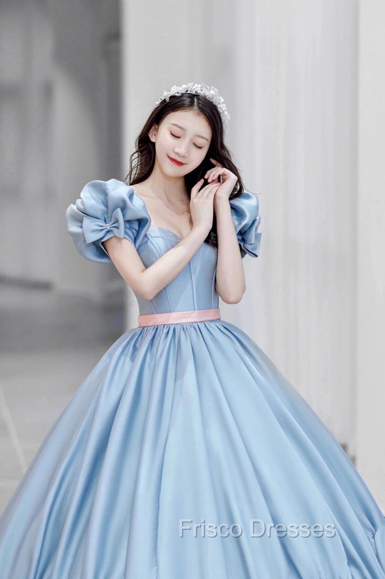 white christmas dresses Blue Satin Long Princess Dress, Cute Short Sleeve Ball Gown Sweet 16 D –  Frisco Dresses