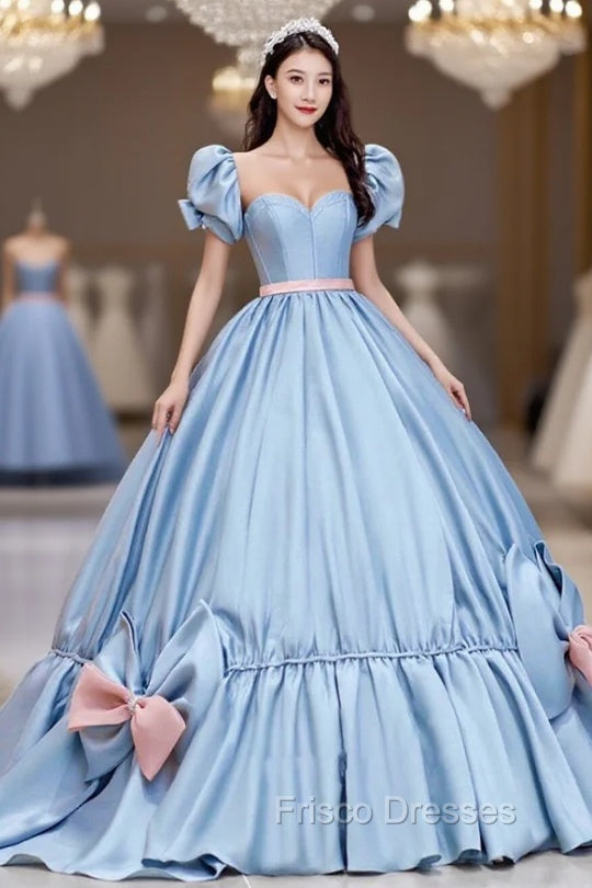 Blue Satin Long Princess Dress, Cute Short Sleeve Ball Gown Sweet 16 D Frisco Dresses Blue Satin Long Princess Dress, Cute Short Sleeve Ball Gown Sweet 16 D Frisco Dresses