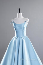Blue Satin Long Formal Prom Dress, A-Line Spaghetti Strap Evening Party Dress