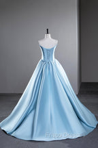 Blue Satin Long Formal Prom Dress, A-Line Spaghetti Strap Evening Party Dress