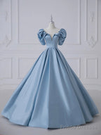 Blue Satin Long Prom Dress, Beautiful A-Line Short Sleeve Evening Party Dress
