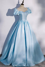 Blue Satin Long Formal Prom Dress, Blue A-Line Scoop Neckline Short Sleeve Formal Dress