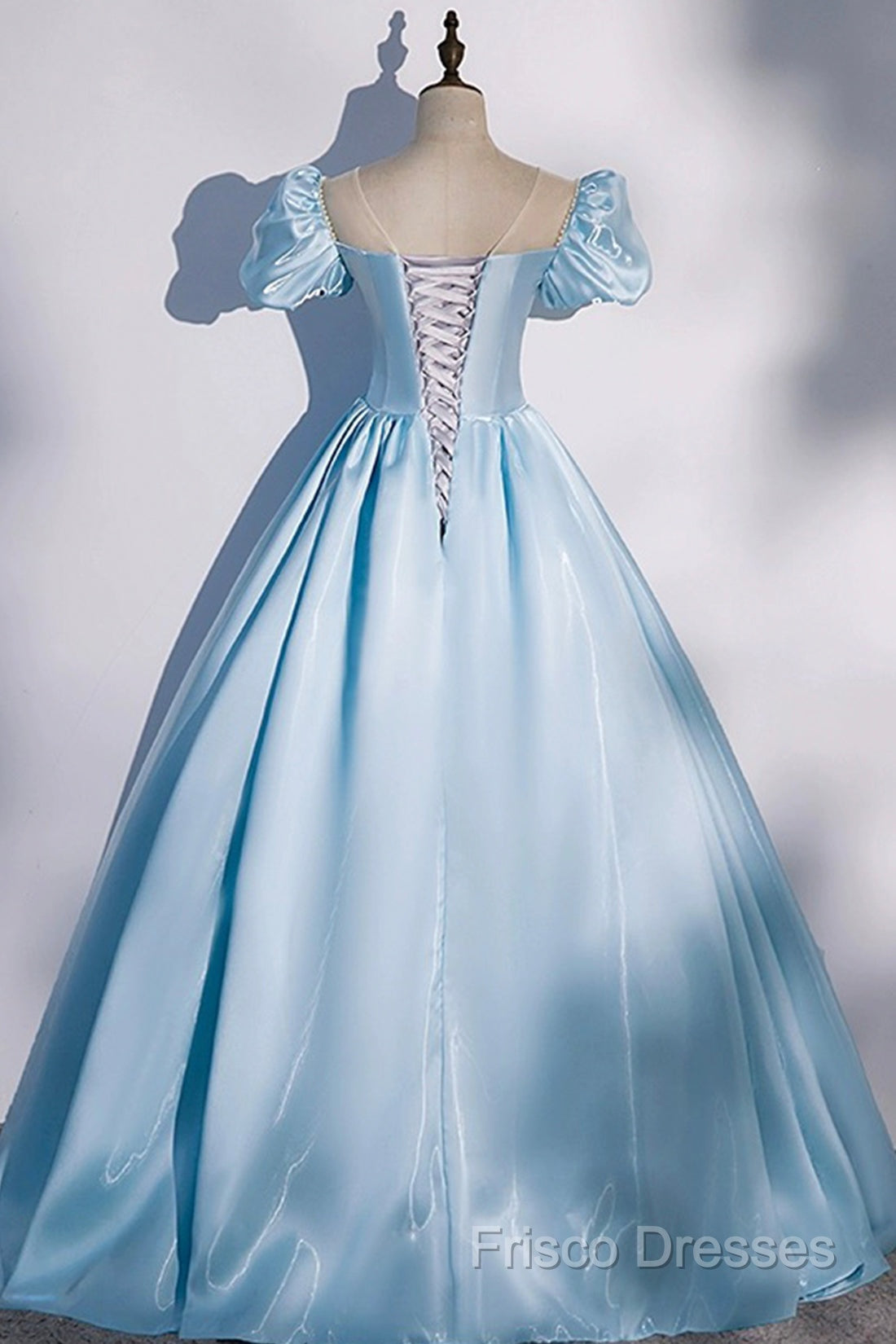 Blue Satin Long Formal Prom Dress, Blue A-Line Scoop Neckline Short Sleeve Formal Dress