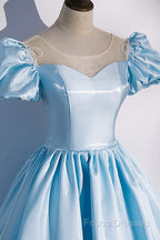 Blue Satin Long Formal Prom Dress, Blue A-Line Scoop Neckline Short Sleeve Formal Dress