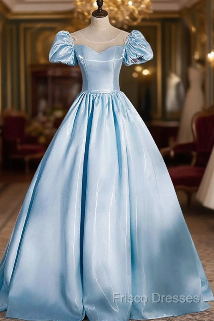 Blue Satin Long Formal Prom Dress, Blue A-Line Scoop Neckline Short Sleeve Formal Dress Main image