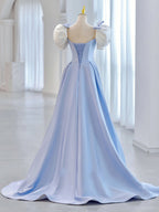 Blue Satin Long Prom Dress, Blue Formal Evening Dresses