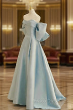 Blue Satin Long Formal Prom Dress with Big Bow, Blue A-Line Evening Party Dress