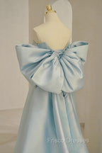 Blue Satin Long Formal Prom Dress with Big Bow, Blue A-Line Evening Party Dress
