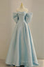 Blue Satin Long Formal Prom Dress with Big Bow, Blue A-Line Evening Party Dress