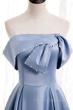 Blue Satin Long Formal Prom Dress with Pearls, Blue A-Line Strapless Party Dress