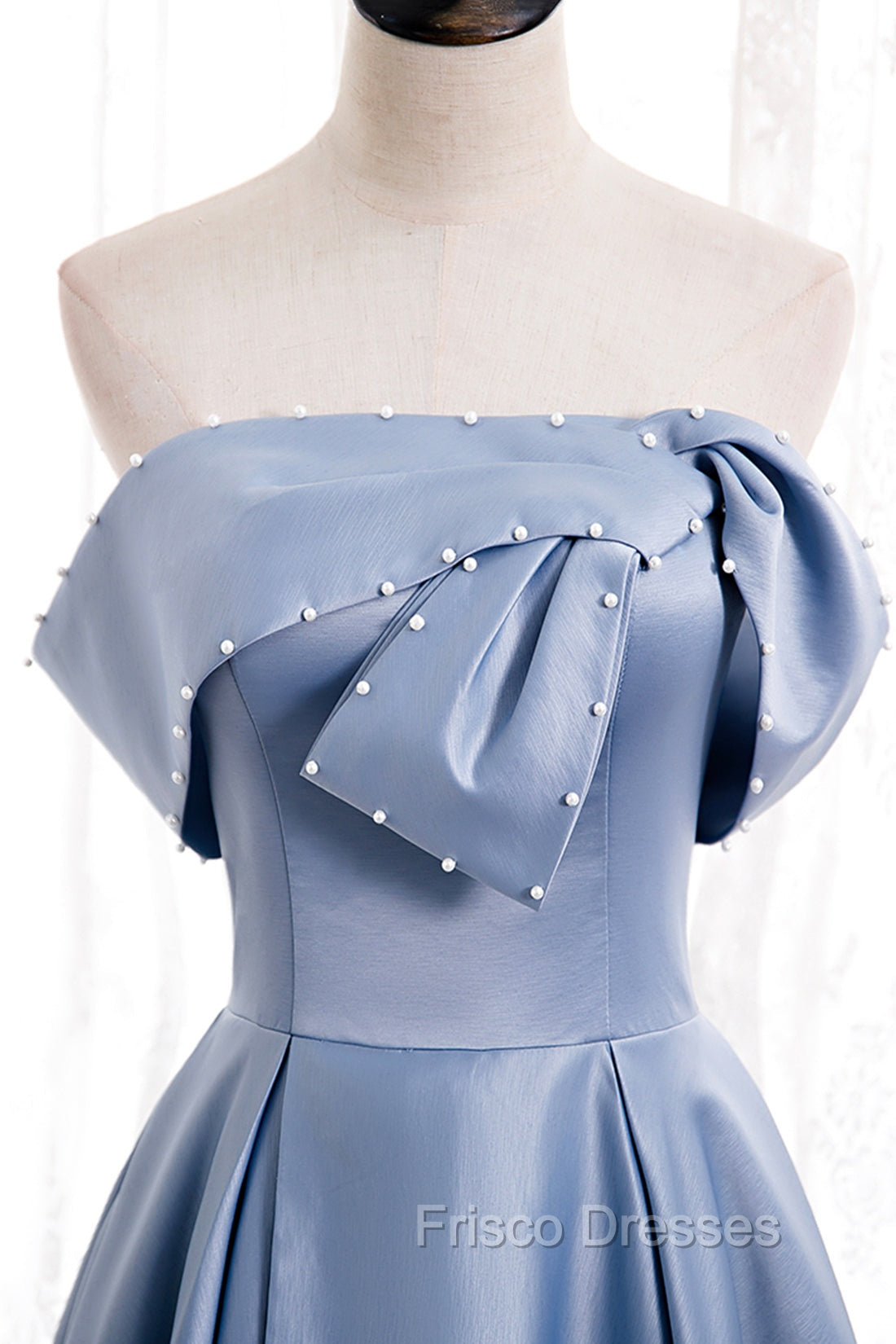 Blue Satin Long Formal Prom Dress with Pearls, Blue A-Line Strapless Party Dress