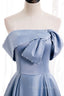 Blue Satin Long Formal Prom Dress with Pearls, Blue A-Line Strapless Party Dress