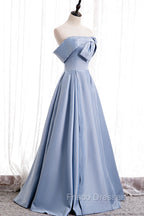 Blue Satin Long Formal Prom Dress with Pearls, Blue A-Line Strapless Party Dress