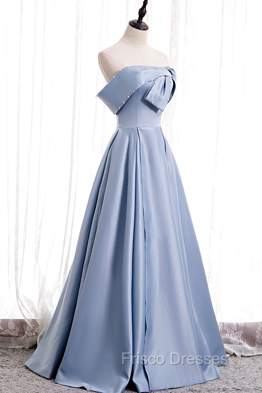 Blue Satin Long Formal Prom Dress with Pearls, Blue A-Line Strapless Party Dress