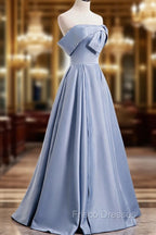 Blue Satin Long Formal Prom Dress with Pearls, Blue A-Line Strapless Party Dress
