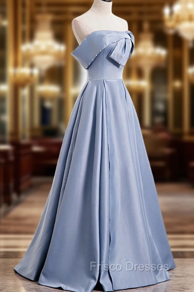 Blue Satin Long Formal Prom Dress with Pearls, Blue A-Line Strapless Party Dress