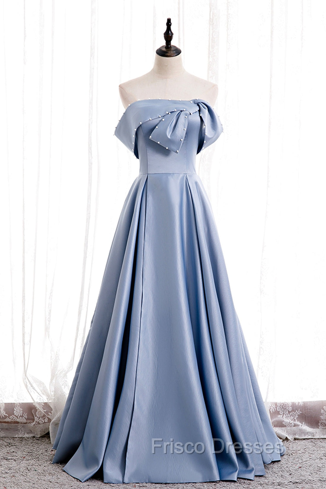 Blue Satin Long Formal Prom Dress with Pearls, Blue A-Line Strapless Party Dress