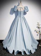 Blue Satin Long Formal Prom Dress with Pearls, Blue Short Sleeves A-line Evening Dress