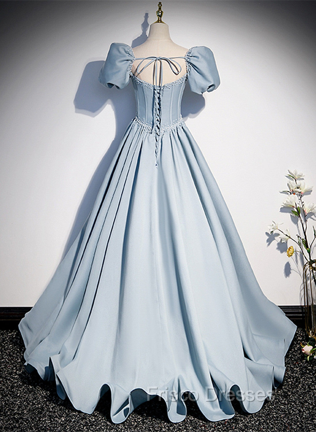 Blue Satin Long Formal Prom Dress with Pearls, Blue Short Sleeves A-line Evening Dress