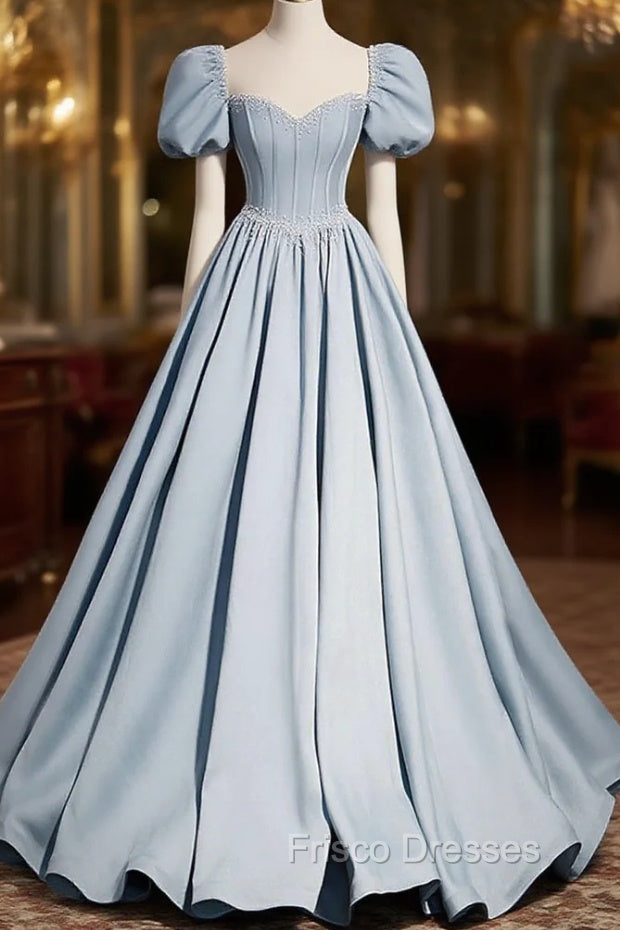 Blue Satin Long Formal Prom Dress with Pearls, Blue Short Sleeves A-line Evening Dress Main image