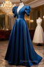 Blue Satin Long Formal Prom Dress with Short Sleeves, Blue Evening Formal Dress