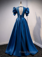 Blue Satin Long Formal Prom Dress with Short Sleeves, Blue Evening Formal Dress