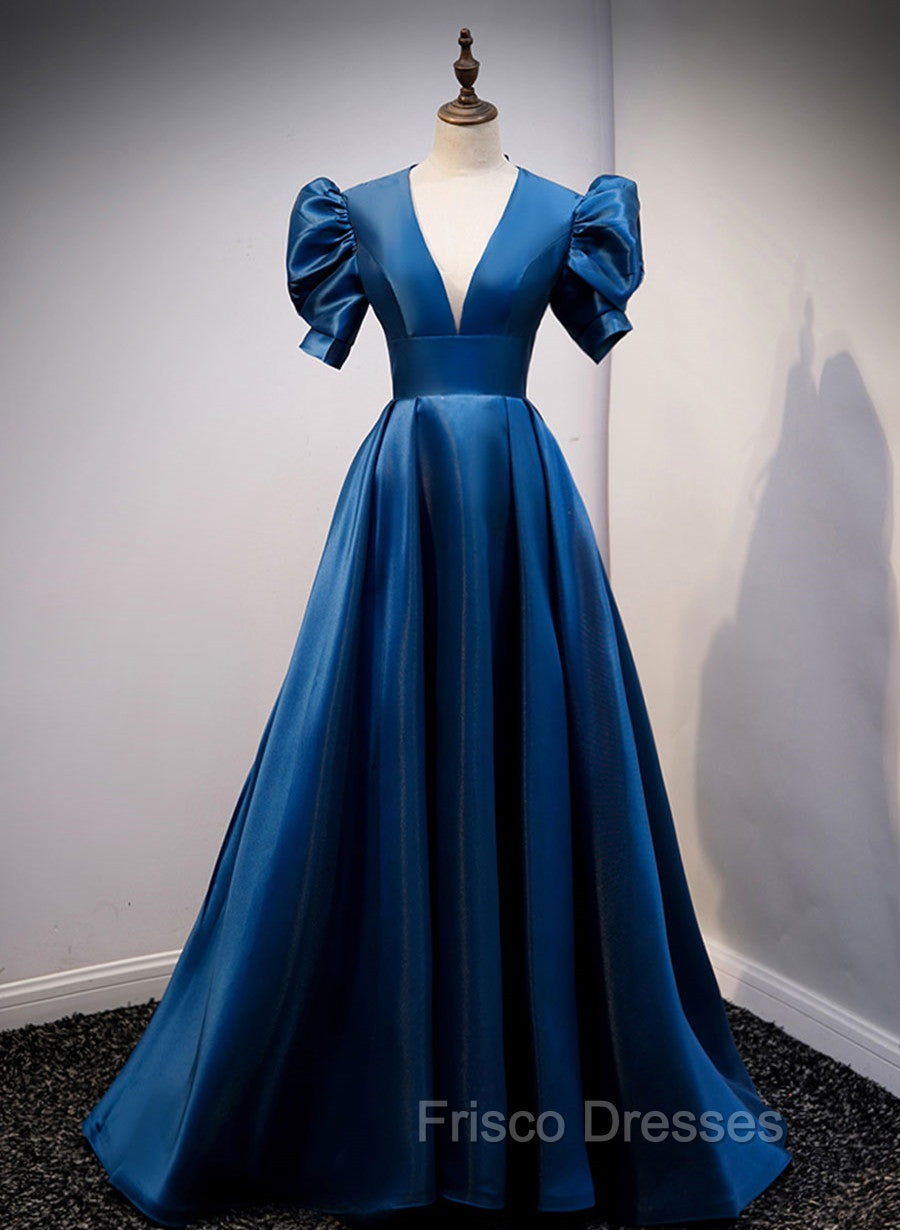 Blue Satin Long Formal Prom Dress with Short Sleeves, Blue Evening Formal Dress Main image