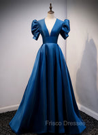 Blue Satin Long Formal Prom Dress with Short Sleeves, Blue Evening Formal Dress