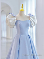 Blue Satin Long Formal Prom Dresses, Blue Formal Graduation Dresses