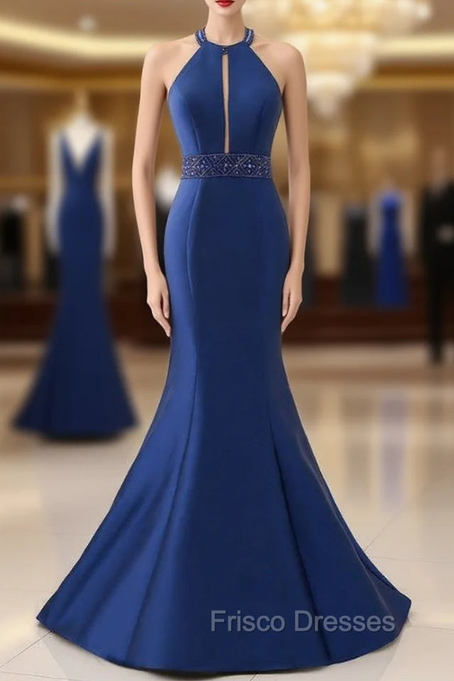 Blue Satin Mermaid Halter Cut Out Backless Long Formal Prom Dress