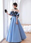 Blue Satin Off Shoulder Black Lace Long Party Dress, A-Line Blue Prom Dress Evening Dress