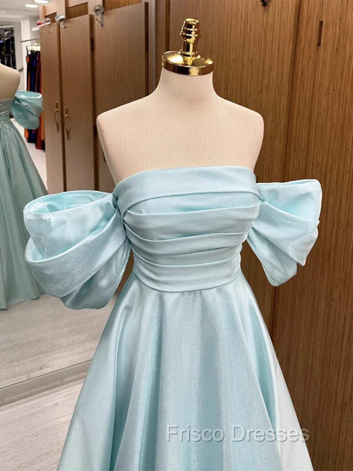 Blue Satin Off Shoulder Long Party Dress, A-line Blue Formal Prom Dress Secondary image
