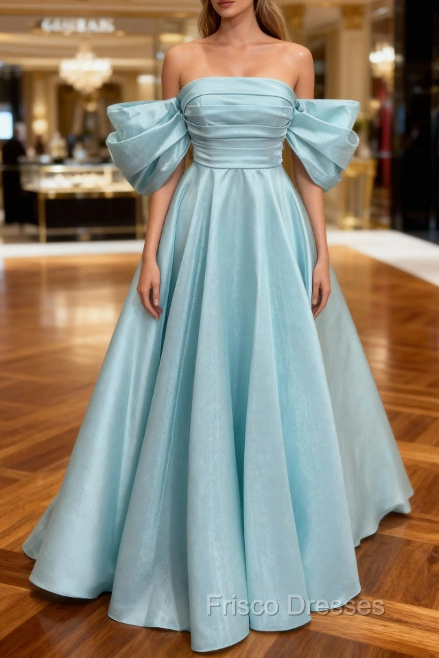 Blue Satin Off Shoulder Long Party Dress, A-line Blue Formal Prom Dress Main image