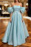Blue Satin Off Shoulder Long Party Dress, A-line Blue Formal Prom Dress