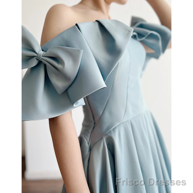 Blue Satin Off Shoulder Long Prom Dress With Bow, A-Line Party Dress