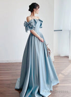 Blue Satin Off Shoulder Long Prom Dress With Bow, A-Line Party Dress