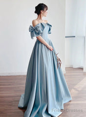 Blue Satin Off Shoulder Long Prom Dress With Bow, A-Line Party Dress