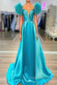 Blue Satin Off the Shoulder Feather Formal Prom Dress