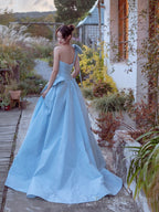Blue Satin One Shoulder Floor Length Prom Dress, Blue A-Line Evening Party Dress