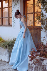 Blue Satin One Shoulder Floor Length Prom Dress, Lovely A-Line Evening Party Dress