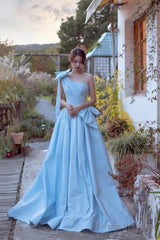 Blue Satin One Shoulder Floor Length Prom Dress, Lovely A-Line Evening Party Dress