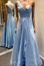 Blue Satin One Shoulder Pleats Formal Prom Dress