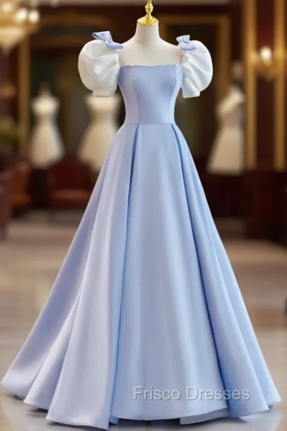Blue Satin Puf Sleeve Bow Formal Prom Dress Main image