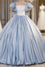Blue Satin Puff Sleeve Bow Quinceanera Dress