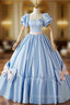 Blue Satin Puff Sleeve Quinceanera Dress With Bow