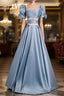 Blue Satin Puff Sleeve Square Beading Formal Prom Dress