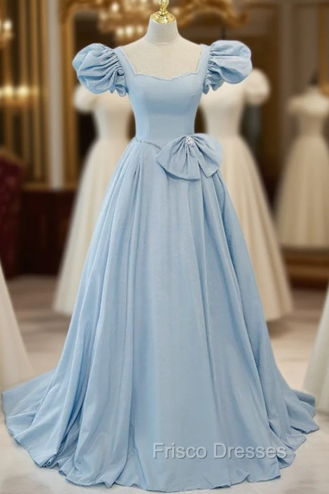 Blue Satin Puff Sleeve Square Formal Prom Dress Main image