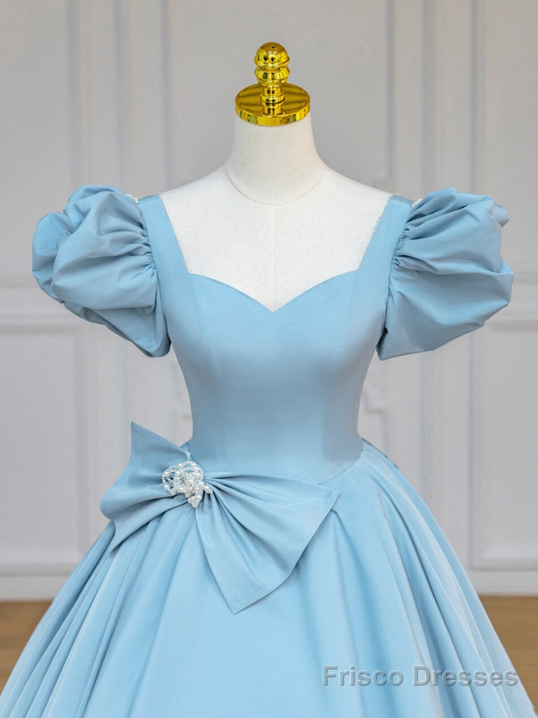 Blue Satin Puff Sleeves Long Prom Gown, Blue Long Sweet 16 Dress Secondary image